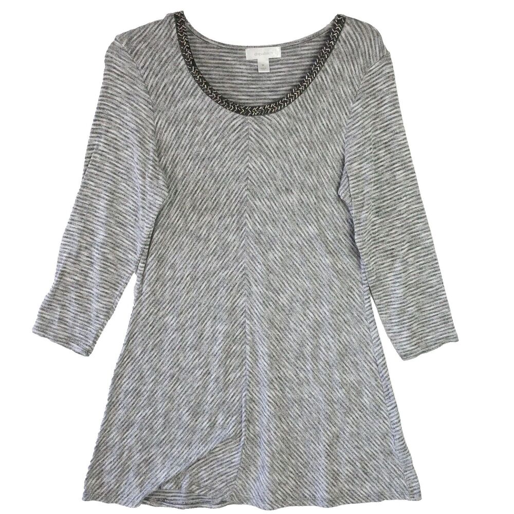 Dress Barn Top Woman's Size M Gray Striped Metal Chain Accent Neutral